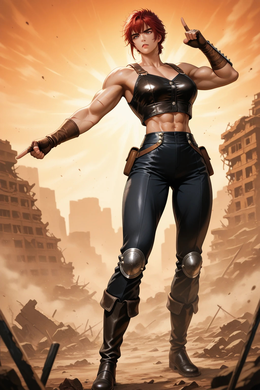 Image of muscular DC COMICS Lara Croft, human body, human anatomy, huge breasts, holding a dumbell gym with right hand, left hand closed, costume identical to that of DC COMICS, with cyborg details, showing full body, perfect face, perfect boots, laser beams coming out from your eyes, highly detailed, super definition, 8k, showing the statue of Christ the Redeemer in the city of Rio de Janeiro January in flames. Cinematic image.