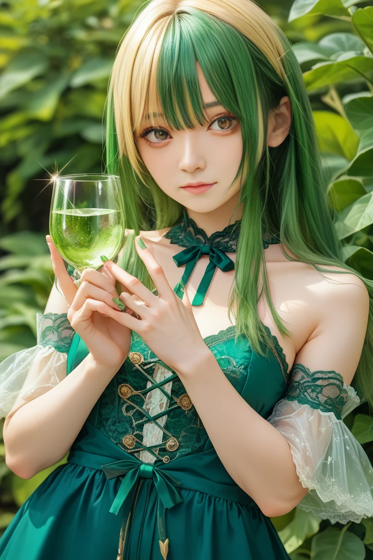 1 girl, One, hair ornament, green hair, ponytail, long hair, dress, water,, medium shot portrait photography (Faruzan) from the effects of genshin,, dark fantasy background, charming grinning., Greg Rutkowski and Walt Disney ultra-realistic highly detailed complex photorealistic analog style photography sharp focus on the eyes, cinematic lighting,, , ,uhd, HDR, 8 K 