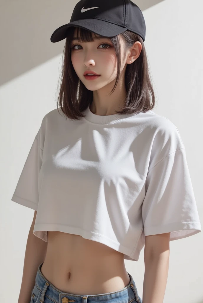 (1 female), short bob hair, 18 years old, Japanese, brown eyes, brown hair, slim, (flat chest), high school girl, classroom, plain see-through T-shirt: 1.5, (mint green bra: 0.6), light plaid skirt, bra visible under clothes, T-shirt visible under skirt