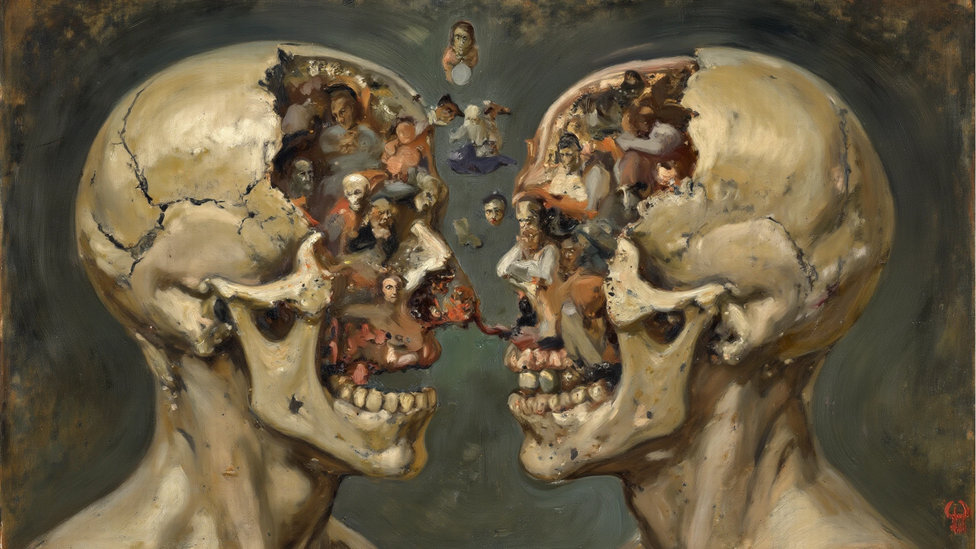 The Skeleton King and Lucifer talk to each other in a pile of corpses, fantasy, twists, elegant, Highly detailed, Centered, Analog measurement, painting of a, twists, voluminetric lighting, Beautiful, A masterpiece of rich and deep colors, Sharp focus, ultra - detailed, In the style of Dan Mumford and Mark Simonetti, astrophotography