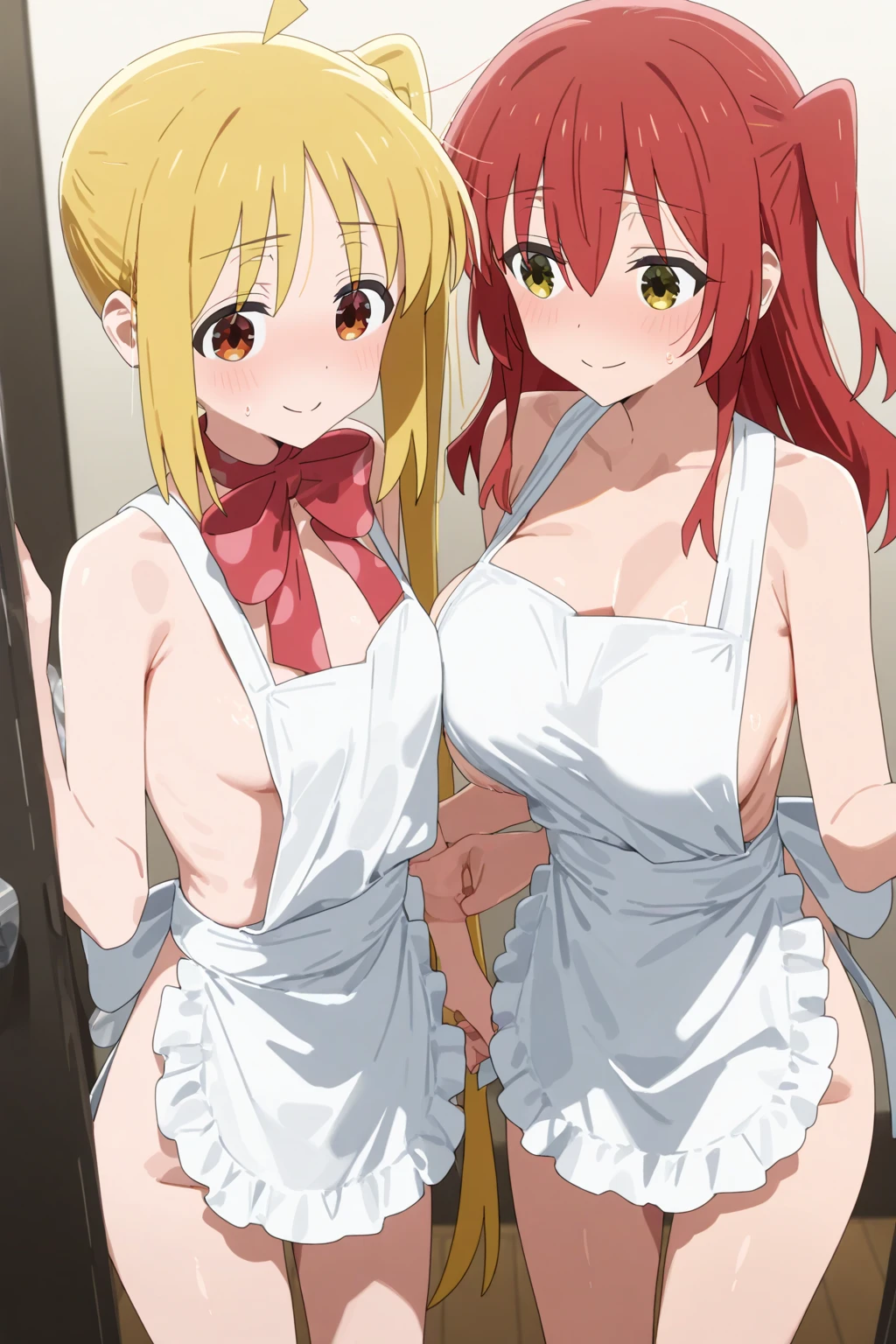 Pyra,mythra,apron,Females in heat,blush,open mouth,gigantic huge breasts,looking at viewer,Taken from the viewpoint above,upturned eyes,near,standing up,Lined up,house,in room,SFW