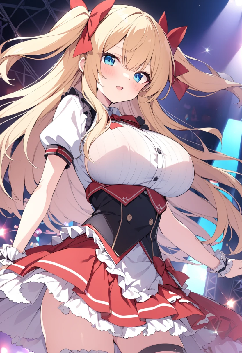 KAGAMINE RIN, long HAIR, BOW, blonde hair., large breasts,, Live Stage, solo  nsfw