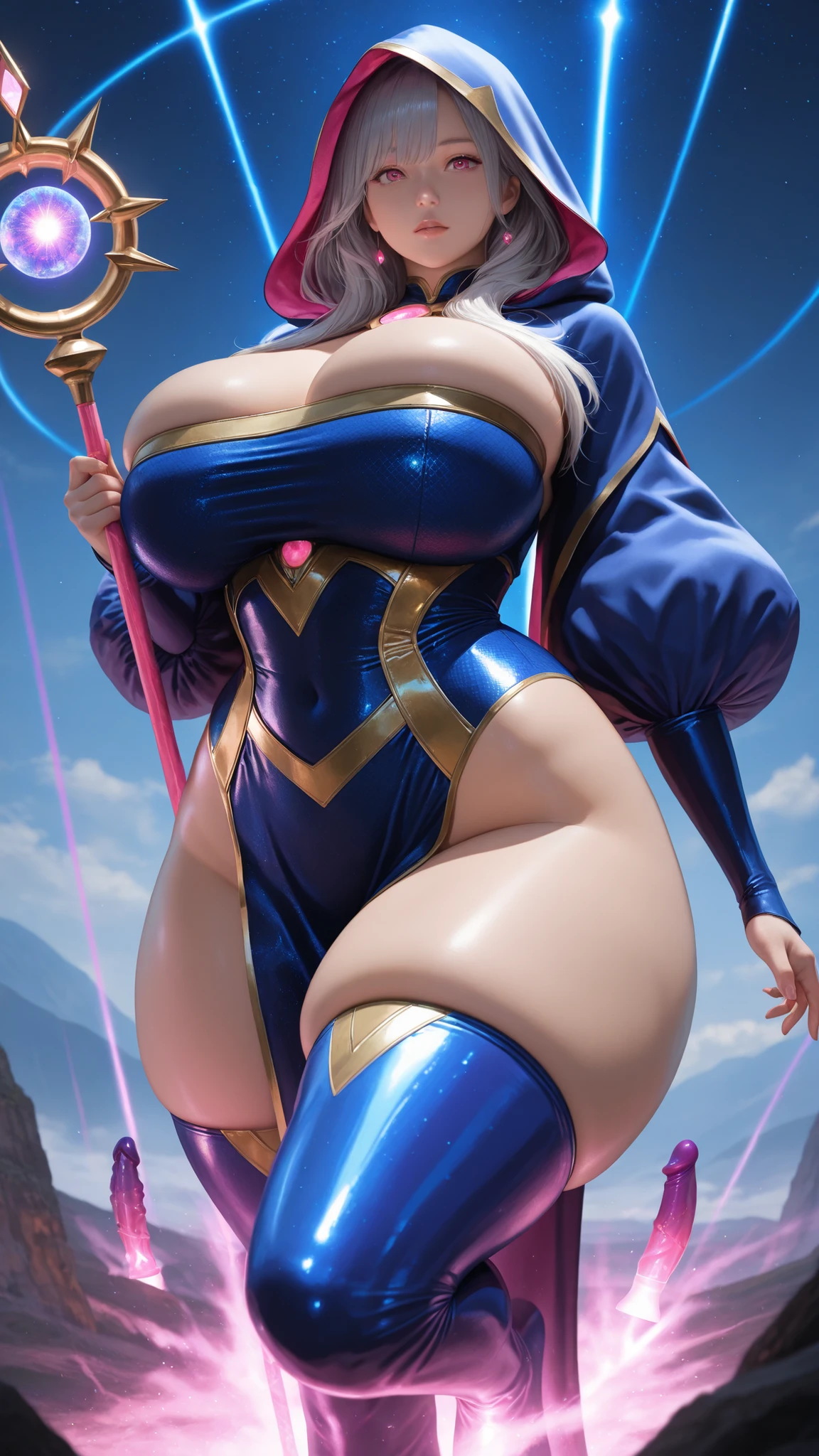 (Obra maestra:1.2), (La mejor calidad:1.2), Perfect lighting, Chica Maga Oscura lanzando un hechizo, In his twenties, flotando en el aire, tetas grandes, escote, blue robe, sombrero grande, desde arriba, Destellos, Yugioh Card en el fondo
