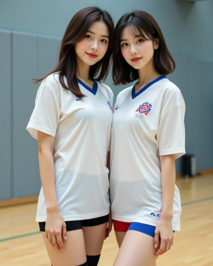 ((Highest quality)), ((masterpiece)), (detailed), volleyball uniform,Japanese women,((Mature Woman)),Middle age,50 years old,((2人のMature Woman)),(((Two Women))),Two Women,Two people side by side,Gymnasium background,Beauty,Beautiful face,Cute face,Realistic and natural live-action,whole body,Bloomers,LOL,smile,Big Breasts,Big Tits,wearing the same uniform,They are hugging each other