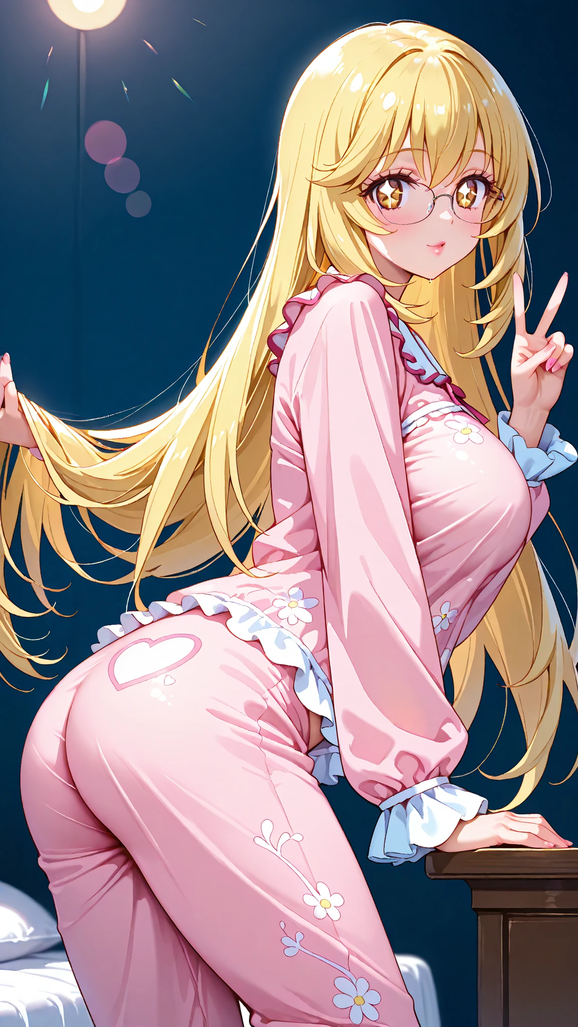 Beautiful long blonde hair on the bed pink dress with frills Princess Gold tiara No panties shyness Watery eye blue eyes small tits Low - Angle stick out your butt and lie down Ahoge long sleeve
