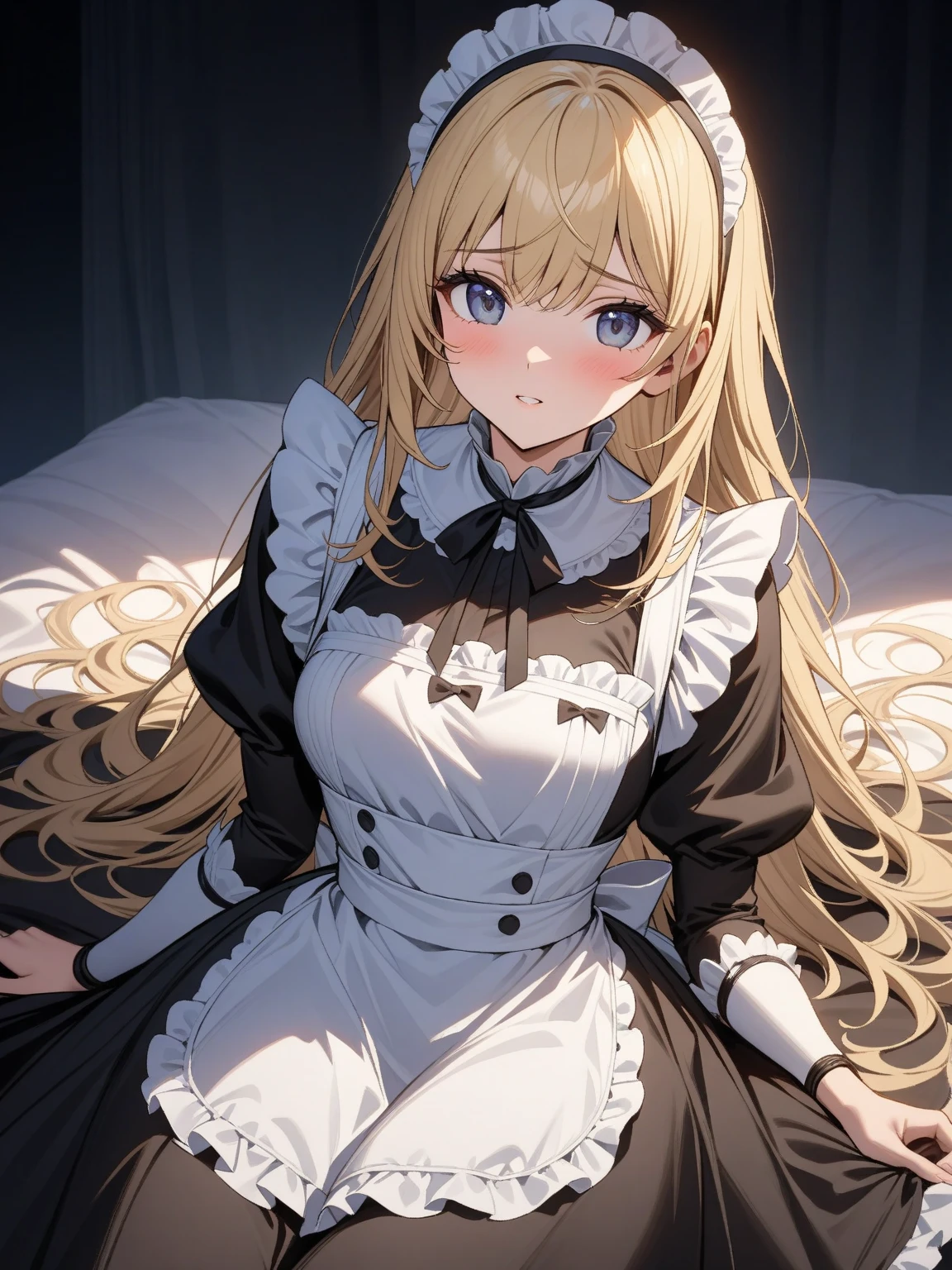 The luxurious and high-class Victorian maid outfit is evenly decorated with gorgeous gold embroidery and edging, and the blouse, apron, and headband also have gorgeous gold embroidery and edging.、((Highest quality)), ((masterpiece)), (detailed), （Perfect Face）、The woman is Tierre, with green eyes, medium-long blonde hair, a Victorian maid outfit and maid headband, jeweled earrings, and an engagement ring.、The woman is smiling fondly in a luxurious room、The Victorian maid uniform is a calm, old-fashioned type with long sleeves and a long skirt, decorated with luxurious gold embroidery and edging.、The woman holds her baby daughter in her arms