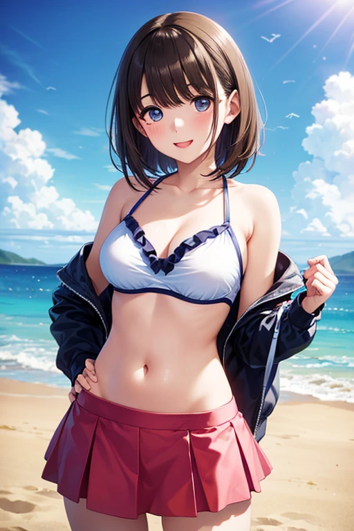 anegasaki nene、Shiny brown hair, short hair, (Beautiful brown eyes、Sparkling eyes, Fine grain)、smile、Ultra-detailed eyes、Highly detailed face, Highly detailed eyes,
(masterpiece, Highest quality), 1 girl, alone, Perfect body, woman, Santorini, colorful striped bikini top, Shorts, stylish, bracelet, necklace, Standing pose, afternoon