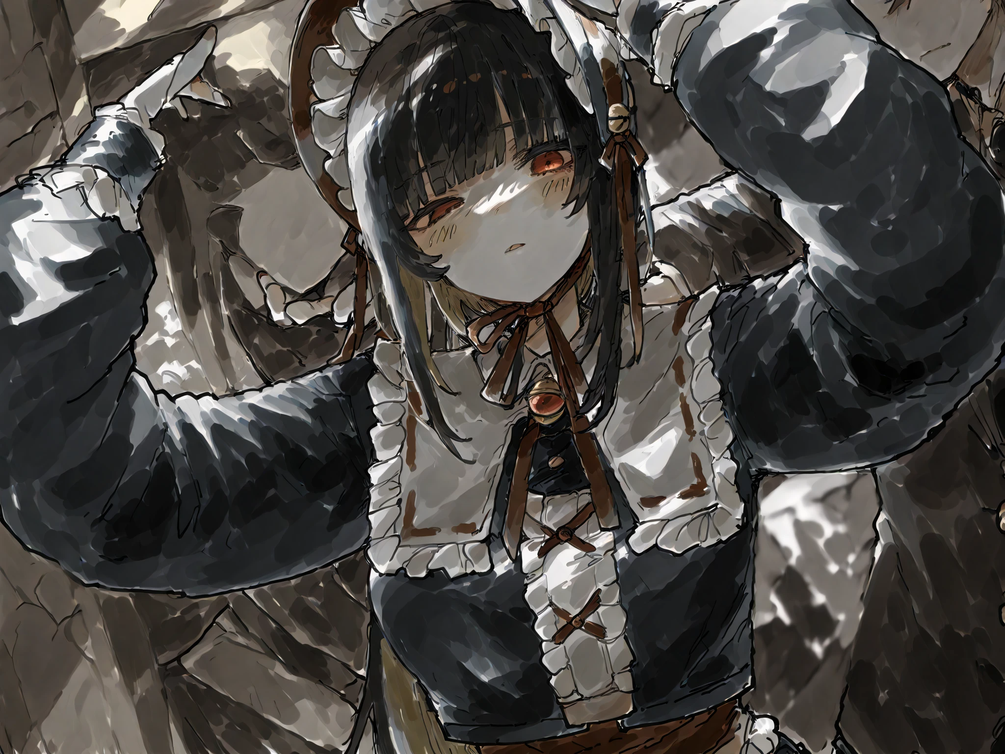 Italian girl, long black hair, 25 years old, hyper super gigantic and mammoth ???????, thin, has wet ???????, wears a torn tight t-shirt that does not contain the ??????? and a black pleated miniskirt, she is tied with ropes to a wall with some iron rings, arms are tense because of the ropes. each ?????? has ropes that bind, she has a lab coat she has a laboratory scenario with an ???? expressio