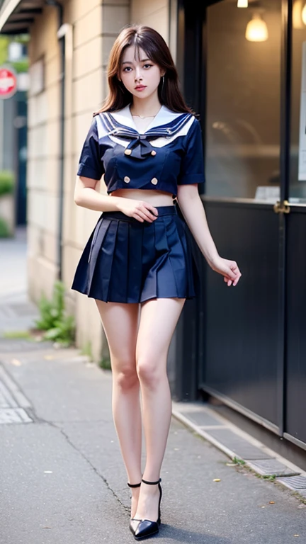 8k UHD、Digital single-lens reflex camera、High resolution、shallow depth of field、Natural light、(((sailor suit)))、(((Dark blue super mini skirt)))、(((full body shot)))、small person、(((young face)))、1 Japanese girl、16 years old; beautiful girl、(black hair)、(((brown eyes)))、Glossy skin、smooth thin hair、long hair、detailed background、highly detailed eyes and face、clear eyes、cute smile、Calm atmosphere、(((climb the stairs)))、(((detailed small breasts)))、(((beautiful eyes)))、petya pie、children `s、(((tight thighs)))、(((white panties)))、(((angle from below) ))、(((detailed lips)))、(((The skirt is fluttering)))、beautiful shining legs、((nsfw))