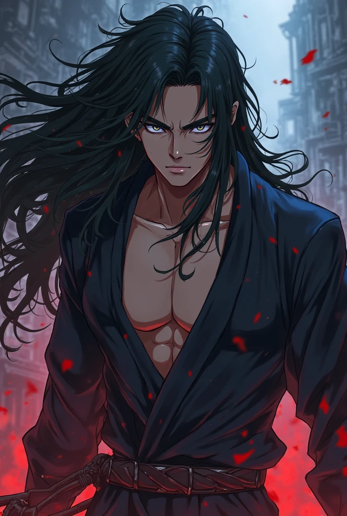 Solo-man, middle aged, tall man, masculine, muscular, broad shoulders, (long messy black hair:1.3), red eyes, neutral face, serious, black cloak
