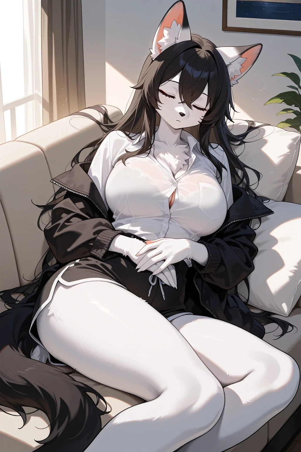 A woman, long hair, big breast, at the living room, holding a kitten