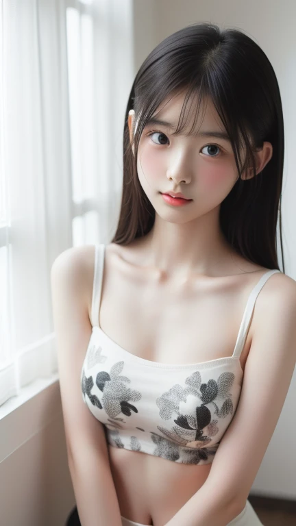 ((Perfect Anatomy:1.2,Realistic:1.5,RAW Photos:1.5,masterpiece、Highest quality、Ultra - High resolution、High resolution、Highly detailed CG、8k)),Cowboy Shot,1 female,alone、18 year old beauty,Japanese,((Beautiful and graceful face and eyes:1.3,Big beautiful eyes:1.3,iris)),Black Hair,Long Hair,Straight hair,Blunt bangs,blush,((Flat Chest,Low length,Slender body,Small Head:1.3,skinny)),(Glowing Skin,Oily skin:1.3,Glowing Skin),(White camisole,denim micro mini shorts),Simple bedroom,