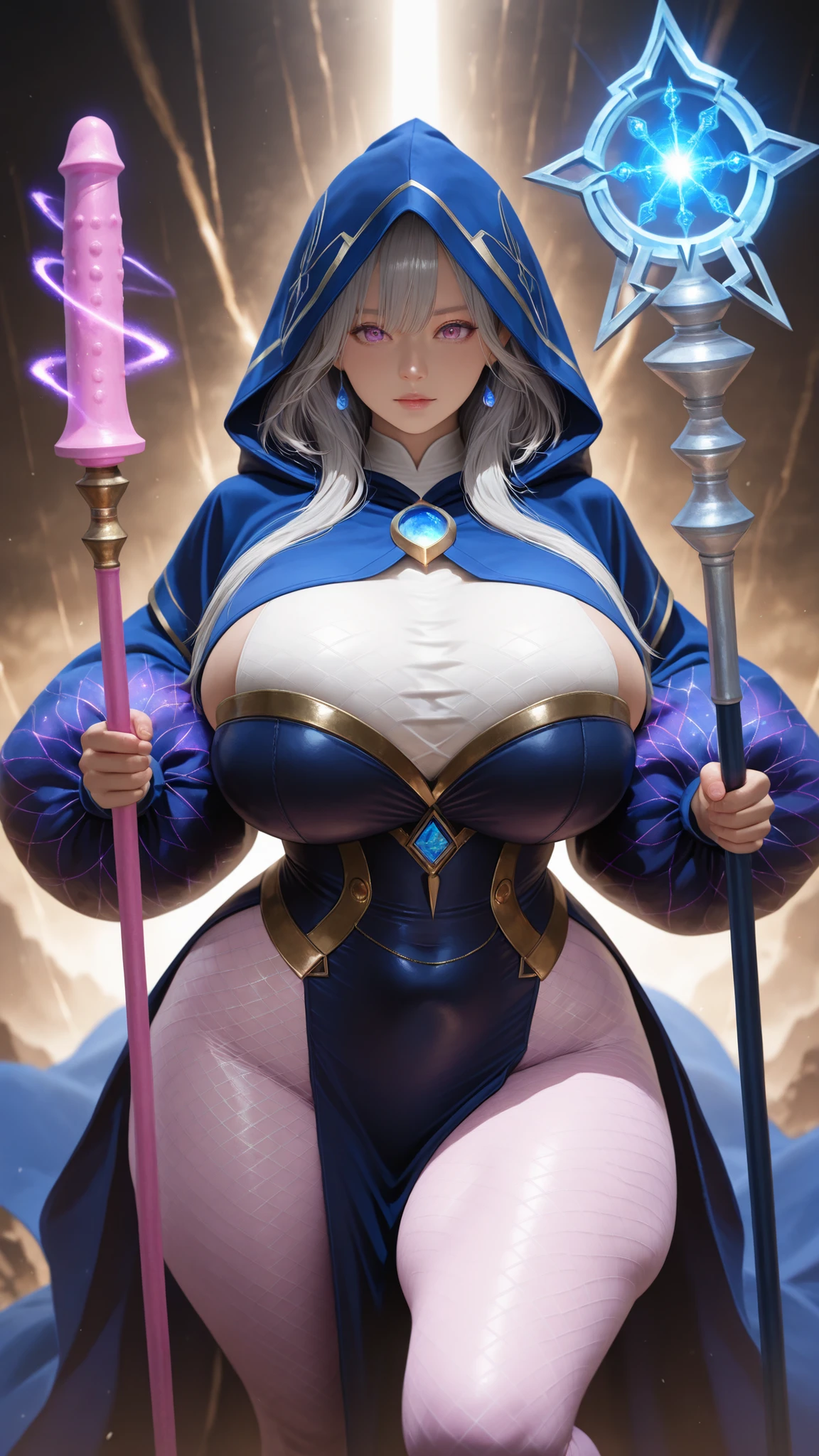 Masterpiece, perfect anatomy, incredible quality. (full body standing) ((huge breasts)) 1 fantasy echicera woman made of transparent white ice, full body echisero ice clothes, hood that covers the face of echisero fantasy made of ice, holding a fantasy echisero staff made of ice,
