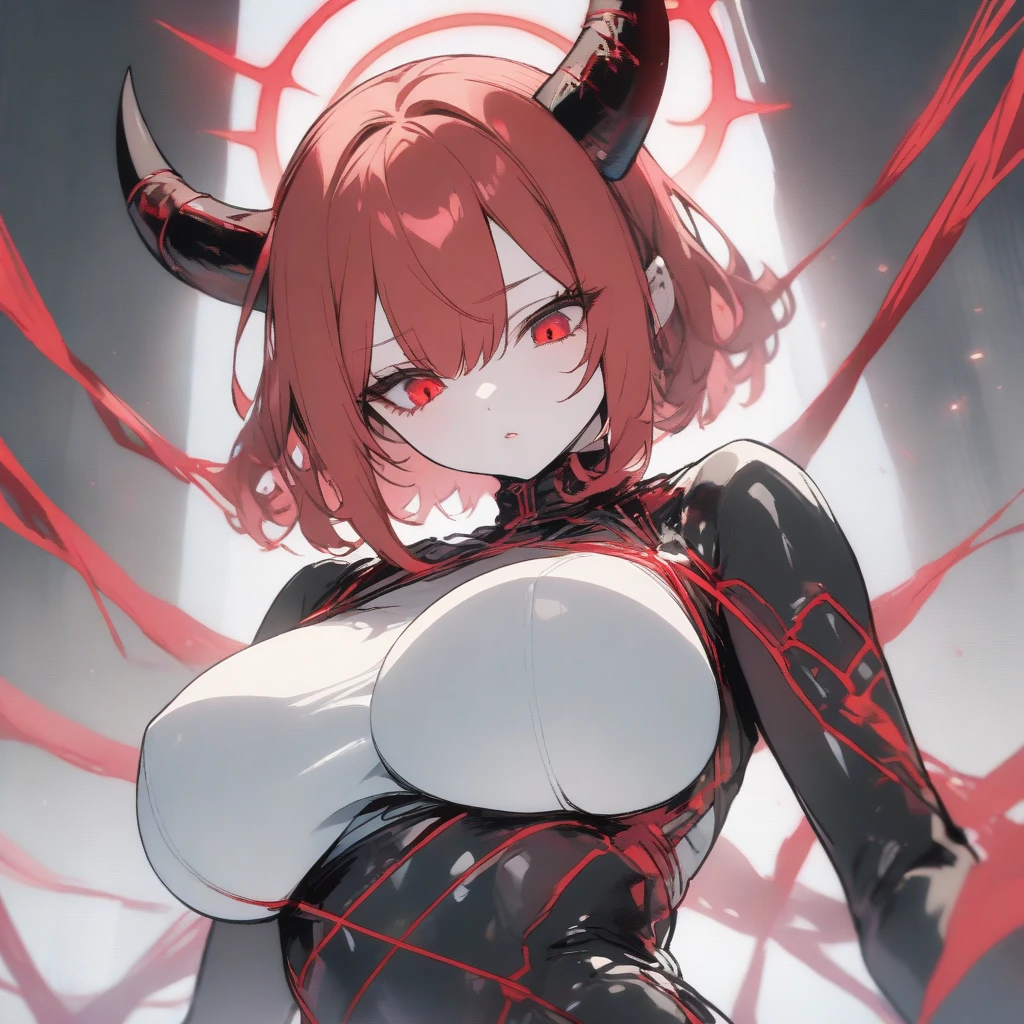 adult demon woman, Pink skin, Legs long, athletic body, Giant tits, Red hair, antlers, fangs, tight leotard, pantyhose, clamp, mitts, 8k, High definition, work of art, dynamic body~5, White background
