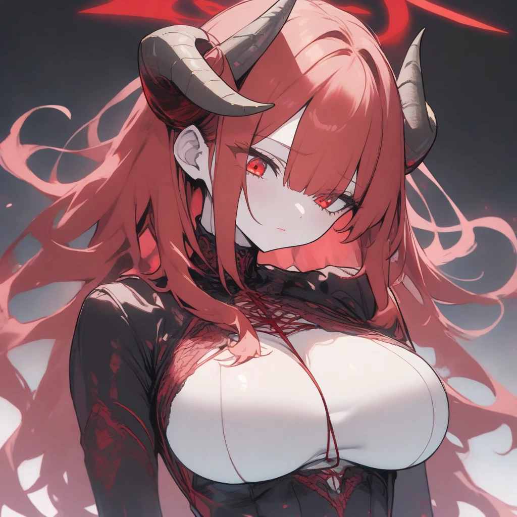 1 woman, demon girl with is posing for a picture in bedroom, blushed face, demon horn, white shirt, shor black skirt, big breast, a picture by Shitao, pixiv, anime girls, seductive smile while unbutton her shirt, (beautiful detailed eyes:1.6), extremely detailed face, perfect lighting, extremely detailed CG, (perfect hands, perfect anatomy).