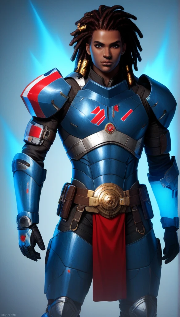 science fiction light  armor,,Dark-skinned male teenager, biotic super power, blue energy, african hair dreadlocks, light armor, ,flat color, blue armor, ,flat color,light armor, , blue and gray armor, , in a battleground ,, Strenua, in battle scene with background , red long sash,flat ,, lght armor red and blue, young, 1boy solo