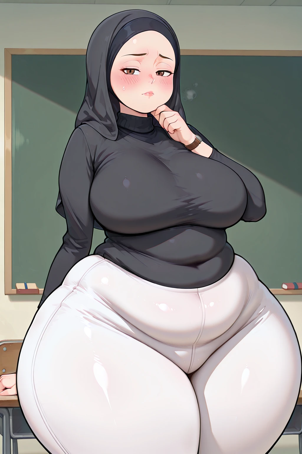gigantic breasts, NSFW, wide hips, huge nipple, bristly pubic hair, plump, in heat, Expressing breast milk from the nipple, Arabian women, hijab, teacher 