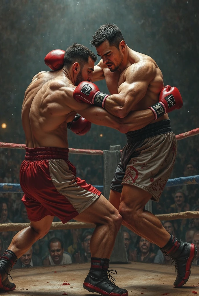 (a thrilling boxing match),
(best quality, highres, realistic:1.37), intense action, (dramatic, dynamic:1.1) lighting, (sweat, blood:1.1), (powerful, well-toned) boxers, (strong punches:1.1), (fast footwork:1.1), (tense atmosphere:1.1), (roaring, enthusiastic:1.1) crowd, (boxing ring, ropes:1.1), (protective headgear, boxing gloves), (rippling, muscular bodies), (focused, determined:1.1) expressions, (loud, pounding:1.1) music, (vibrant, energetic:1.1) colors, (slow motion shots:1.1), (knockout punch:1.1), (sweaty bodies:1.1), (adrenaline rush:1.1), (referee:0.9), (cornerman, coach:0.9), (spectators, audience:0.9), (boxing championship), (bell rings:0.9), (action-packed:1.1)