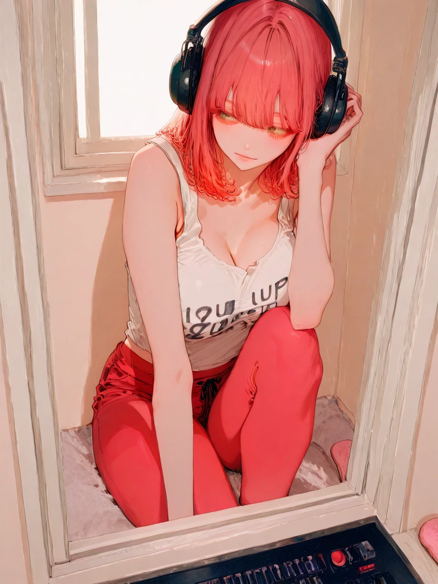 beautiful Korean Girl, Hans Bellmer,Ball jointed doll,about 16years old, wearing high-end headphones office lady,wearing striped bra and socks,open legs,semi-long hair,nude,pink hair,sneer, no background, leather fashion,BDSM, shibari, a vibrator in pussy,1990s-style surrealism super real fashion illustration,photorealistic