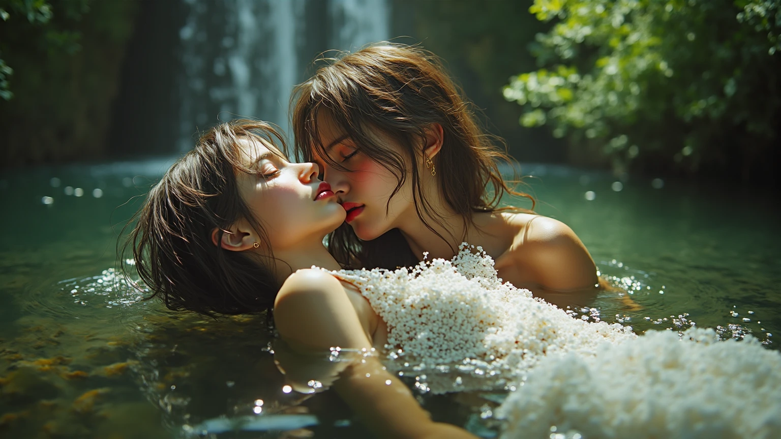 french kissing, tongue kissing, lovers, wet, upskirt, godrays, cozy, wet skin, morning dew, backlighting, hazy, golden hour, morning light, erotic mood, alone, countryside, shy, masterpiece, best quality, ultra-detailed, solo, smoke, shadows, contrast, close-up, cinematic light, side lighting, ultra high resolution, best shadow, RAW, 4k, sexy