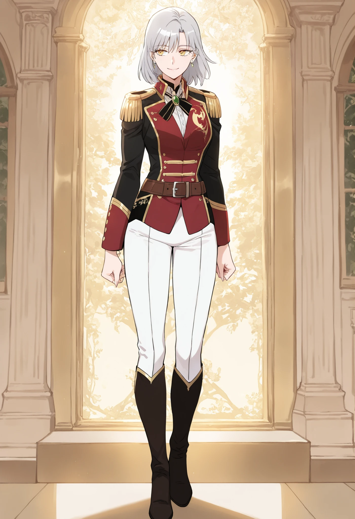 masterpiece, best quality, very detailed, , masterpiece, best quality, eyelashes, (Beautiful Eyes), cowboy shot,, Official webtoon Illustration, Official  artwork, screencap,1girl,soloshort gray hair, shinny golden eyes,military uniform,red and black double-breasted jacket,gold trim,epaulets,decorative buttons,dragon emblem on the left side on jacket,a brooch at the collar,black ribbon tie,brown belt around her waist,white pants,dark knee-high boots , smile, full body 