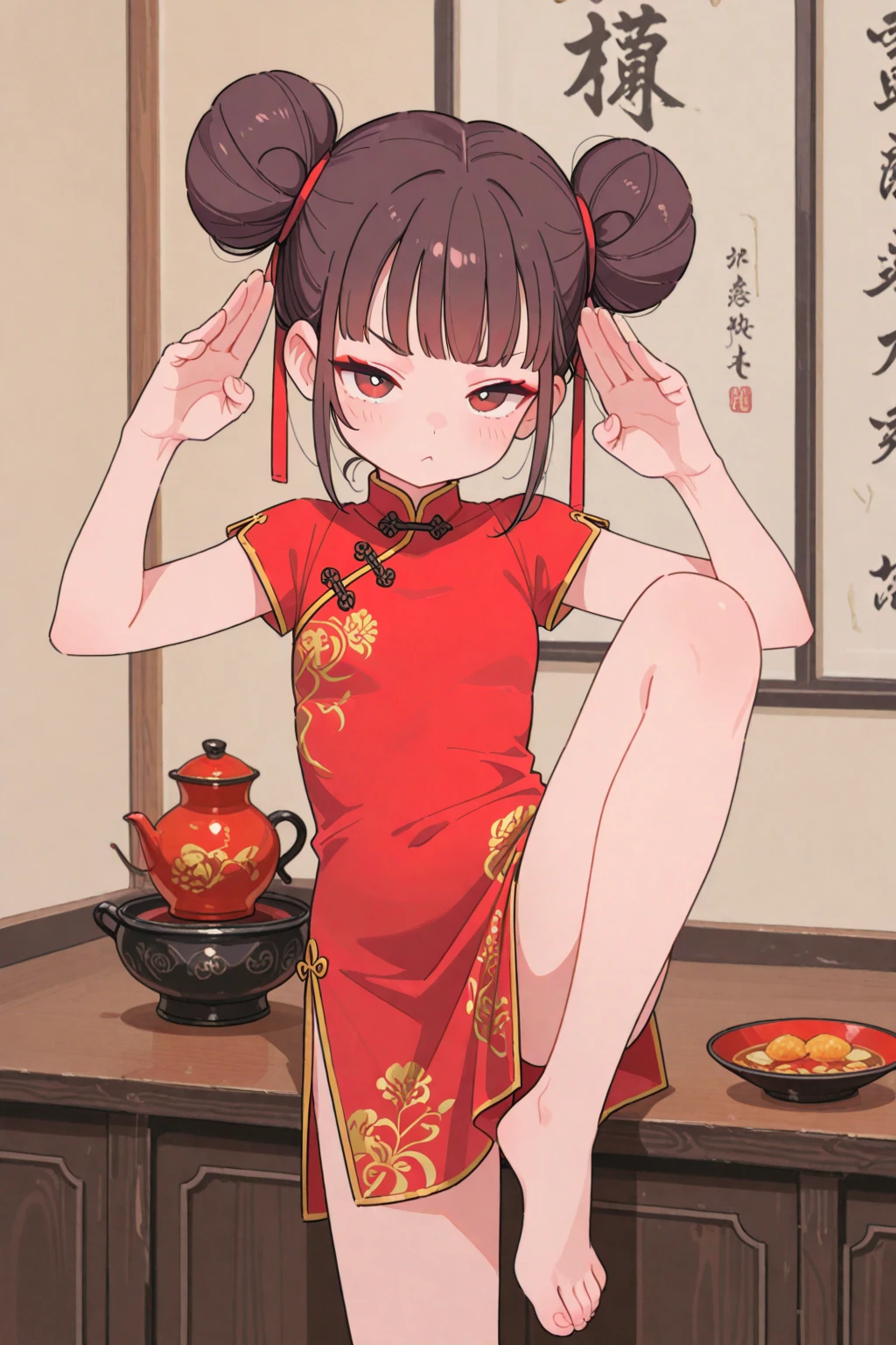 (masterpiece:1.3, top-quality, ultra high res, ultra detailed), (realistic, photorealistic:1.4), beautiful illustration, perfect lighting, natural lighting, colorful, depth of fields, surrealism,
beautiful detailed hair, beautiful detailed face, beautiful detailed eyes, beautiful clavicle, beautiful body, beautiful chest, beautiful thigh, beautiful legs, beautiful fingers, white skin, shiny skin,
looking at viewer, 1 girl, japanese, 18 years old, (perfect anatomy, anatomically correct, super detailed skin), cute and symmetrical face, babyface, perfect face, perfect eyes, perfect fingers,
(middle hair, double bun hairstyle, mocha brown hair), asymmetrical bangs, red eyes, long eyelashes, glossy lips, (medium breasts, seductive thighs), slender, outstanding style,
((detailed cloth texture, bottomless, red chinese mini dress with slit,:1.4, high heels)), earrings,
(beautiful scenery), night, (chinatown:1.5), (squatting), (pretty smile, parted lips),
