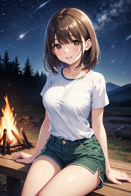 Sitting in the mountains,smile,Close ~ eyes,1. small  ,short hair,Black Hair,blush,White T-shirt,Olive green shorts,Brown Sandals,White skin,From below,shy,Please open your mouth wide, Put your hands between your legs,night,firework,Sweaty,Wet,Cowboy Shot