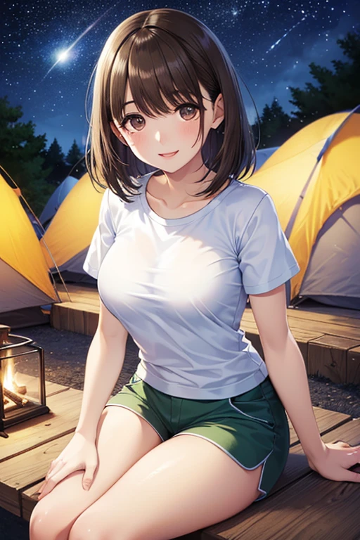 Full body portrait of Dora the explorer. A young adventurous girl of about 16 years old, with tanned skin and short brown hair with bangs, and large expressive green eyes. She has a small nose, medium-sized lips, small ears, and a round face. She is wearing a short transparent pink shirt and orange short shorts, both with visible texture and details. She has a blue backpack and is holding a torch in her hand. She is surrounded by lush green jungle vegetation. Create the image in a detailed and vibrant style similar to an adventure movie poster. Realistic style.