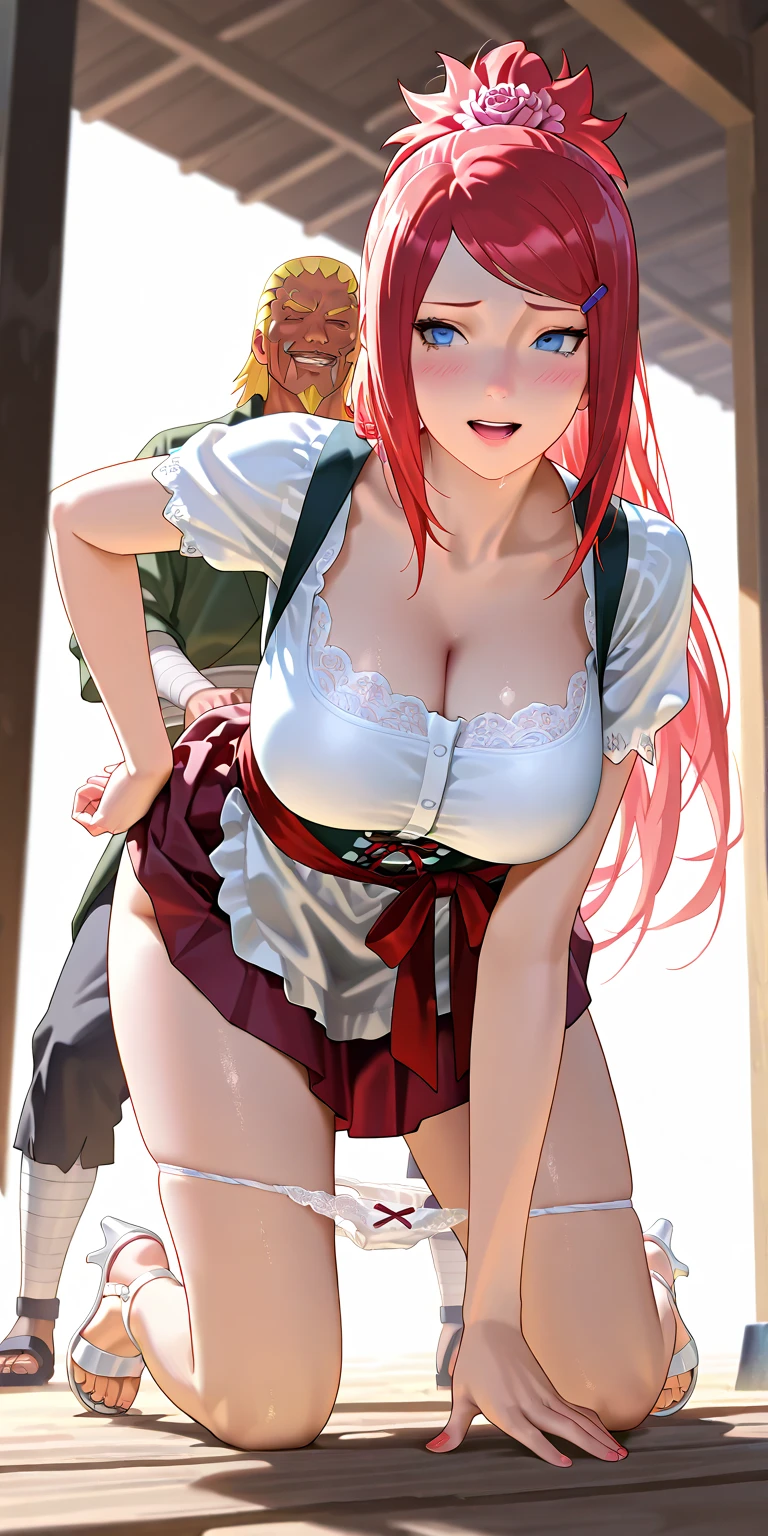 1 girl, Yuri Hayasaki,一人in, lupong_hair, chest, looking for_in_viewer, red面, smile, Open_mouth, big_chest, just_shoulder, green_eye, Ahoge, red_hair, short s, hand_upon_hip, firm breasts、Completely naked