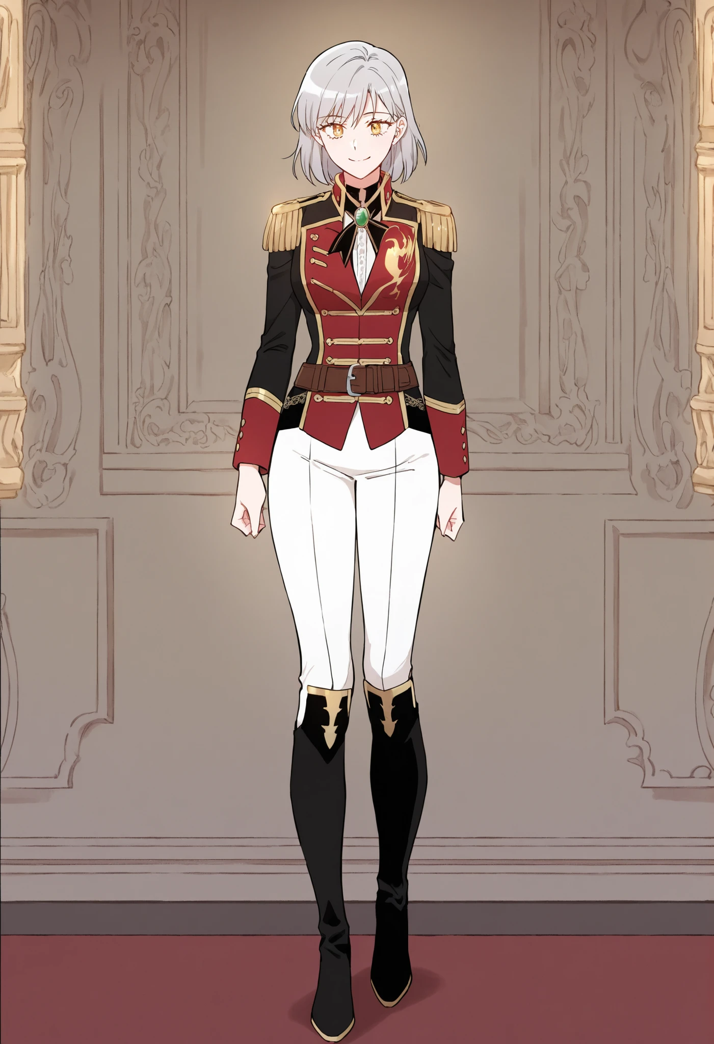 masterpiece, best quality, very detailed, , masterpiece, best quality, eyelashes, (Beautiful Eyes), cowboy shot,, Official webtoon Illustration, Official artwork, screencap,1girl,soloshort gray hair, shinny golden eyes,military uniform,red and black double-breasted jacket,gold trim,epaulets,decorative buttons,dragon emblem on the left side on jacket,a brooch at the collar,black ribbon tie,brown belt around her waist,white pants,dark knee-high boots , smile, full body