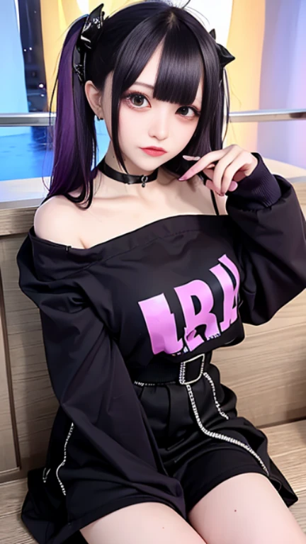 girl with pink hair and black top sitting on bed, blackhair, girl, top rated on pixiv, she has black hair, gracked, she has black hair with bangs, raven black hair, fully colored, full colored, laid - back, hinata hyuga, raven black, cel shaded