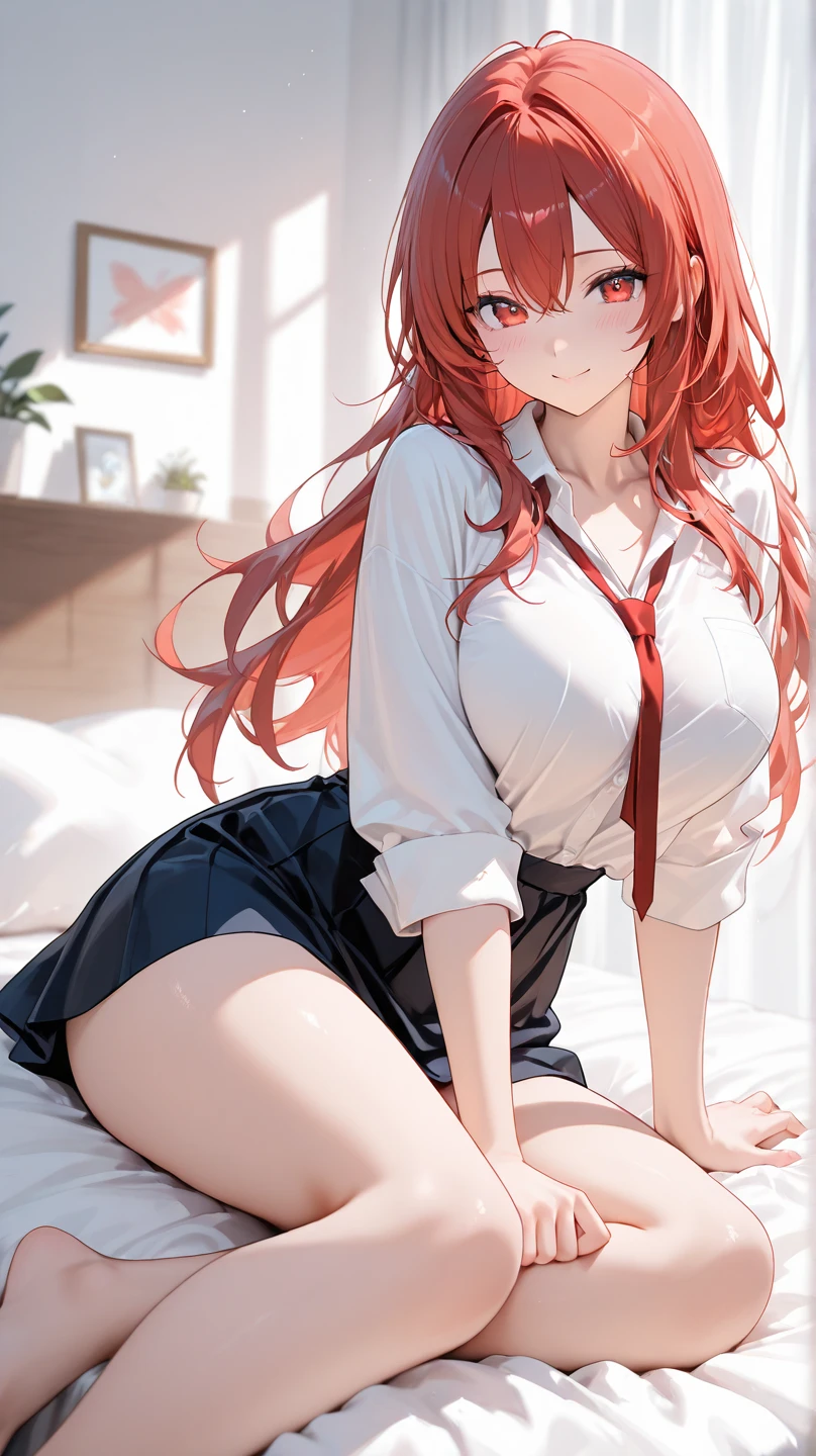 (best quality, 4k, highres, masterpiece:1.2), red hair, medium-sized breasts, cleavage, bikini, school uniform, lifted clothes, skirt outfit, full-body shot, perfect physique, 14-year-old, blushing, kneeling, wetting the bed on the top of the bed, lying down, from the side