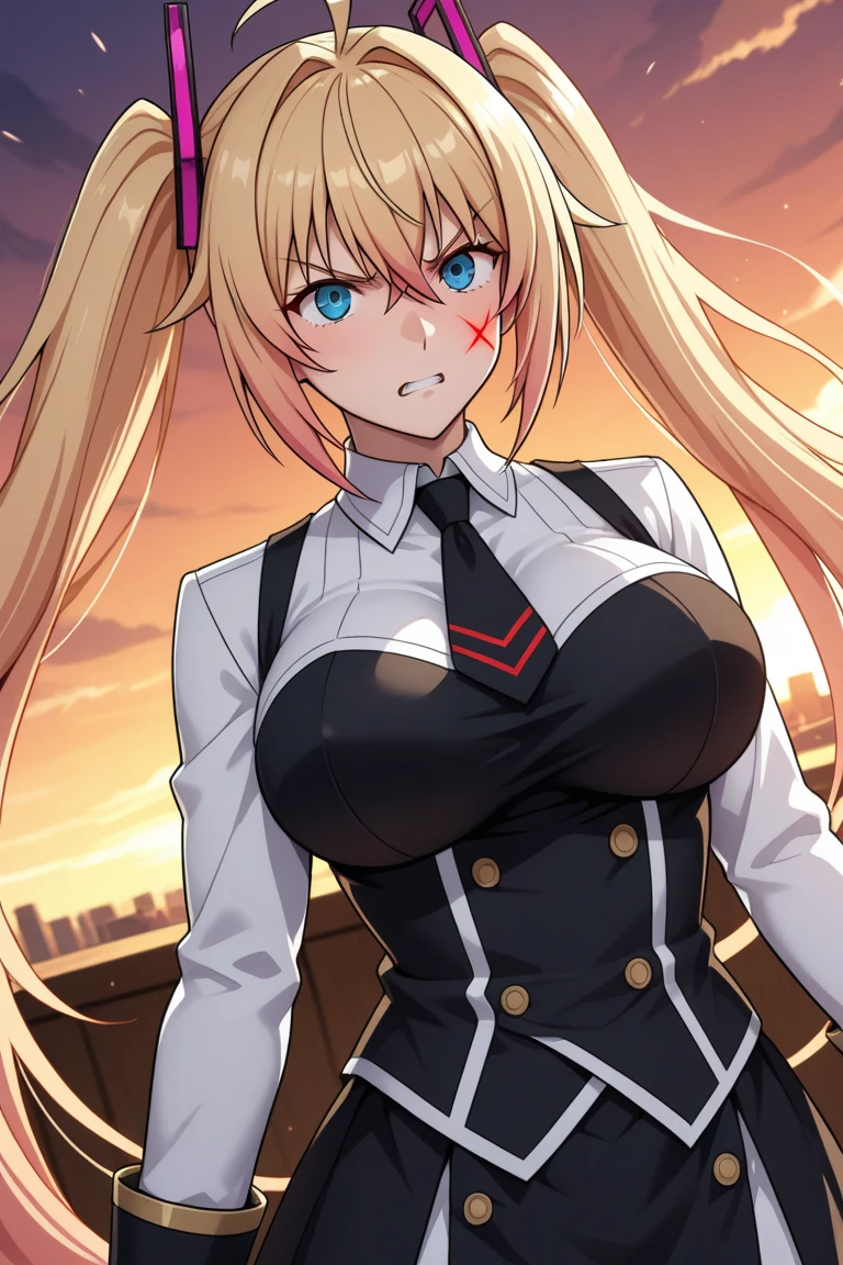 very long hair, golden hair, jacket, Black_jacket, red_eyes, bangs, school_uniform, straight hair, blunt_bangs, looking down at the viewer, big, full body, crazy eyes, insane, wide open eyes, glowing eyes, shiny lips, blush, satisfactory look, sexually aroused, obsessive look, crazy look, hands from the frame, adult, , blonde ((girl in a suit)), ((gorgeous starry sky background)), ((super definition)), ((best illustration)), (shine: 1.2), (shine: 1.2), (best quality), (masterpiece: 1.2), (anime style), (solo), beautiful detail face, (long hair: 1.2), (floating hair: 1.2), (suit), detailed costume, (magic effect: 1.3), (transparent fabric: 1.1), (glitter :1.2), (glow: 1.2), (glow: 1.2), (flicker: 1.2), (dazzle: 1.2), big, big breasts, full body, black miniskirt, evil grin, wide open mouth