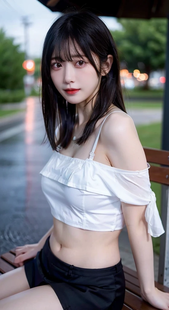 Top-quality Realistic,Official art,Highly detailed CG Unity 8k wallpaper,ultra-detailliert,hight resolution,Physically-based rendering,Magnificat,finely detail,masterpiece,Best Quality,ultra detailed, Face Light,Mature beauty,Beautiful girl,1girl,moist lips,sexy lips,Sexy smile,Gentle smile, 20 years old, Beautiful bare skin,Smooth bare skin,(Beautiful and radiant skin), big well-shaped breasts, beautiful cleavage,beautiful Mature body,swept bangs,(Medium hair:1.3), beautiful detailed eyes,model shoot style,Japanese Idol, Full-body,((On the road in heavy rain:1.5)),((Sit on the ground and look up at the sky)),(sadly face:1.5),(Soaked all over:1.2),BREAK,nsfw,((off shoulder soft tulle Sheer White Long T-shirt:1.3)),((Wet and transparent skin:1.3)),BREAK,(ash navy cocoon silhouette pants:1.3),BREAK,(Heart shaped necklace),(Triangle ornament earrings),BREAK,looking up,shoot from above,((Extreme close-up)),