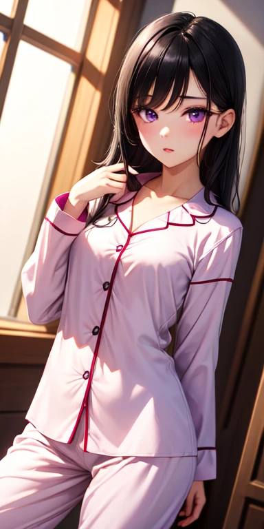 1girl,perfect ,black hair, long hair, (hair over one eye:1.4), messy hair, hair between eyes, plump chubby,fat, busty breast, cute motif pajama, cute shy blush on , bedroom 