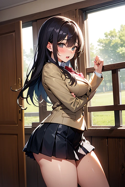 highest quality, 8k, girl, best image quality, anime, comics, alone, black hair, long hair, looking at the viewer, Highly detailed art buds, official artwork, 詳細なanime原画, きれいな詳細なanimeアート, NSFW, young face, big breasts, slender body shape, Highly detailed face and skin texture, double eyelid, Whitening skin, Body Gloss, sexy, pink cheeks, (from below:2, full body shot, Hold the pistol, panty shot, cute underwear, outdoor lined with buildings, angry face, navy tailored jacket, white shirt, gray skirt