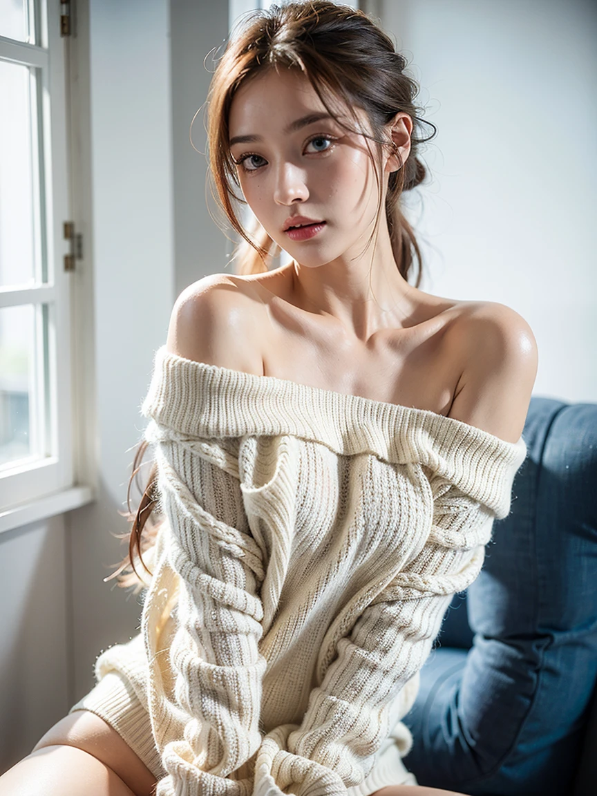 (beautiful face of young girl, Highly detailed), (realisitic,８K)、Single Female、28 year old、 (extremely detailed CG unified 8k wallpaper),  Professional Photography, Realistic Photos, (off-the-shoulder sweater:1.8), (cleavage:1.5),（big breast）、（Futomo）、 (Christmas, Christmas Ornaments, Christmas tree),  (Sheer lace panties:1.3), （placket、Tongue stock、winc）、 Beautiful sunset, depth of fields, (View from below:1.3),Looking at the camera、Light reflected in the eyes、