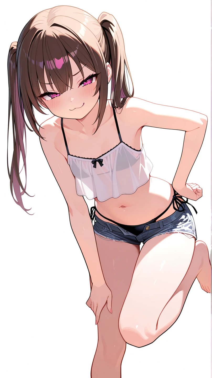 In underwear,Yukimi, 10 years old., Blunt bangs,Shortcuts,Black Hair,,Flat Chest, Expressionless, shy, whole body, Highest quality, School classroom、Angle from below、stand、White sports bra,(White panties:1.4)、Embarrassing,Put your hands behind your back