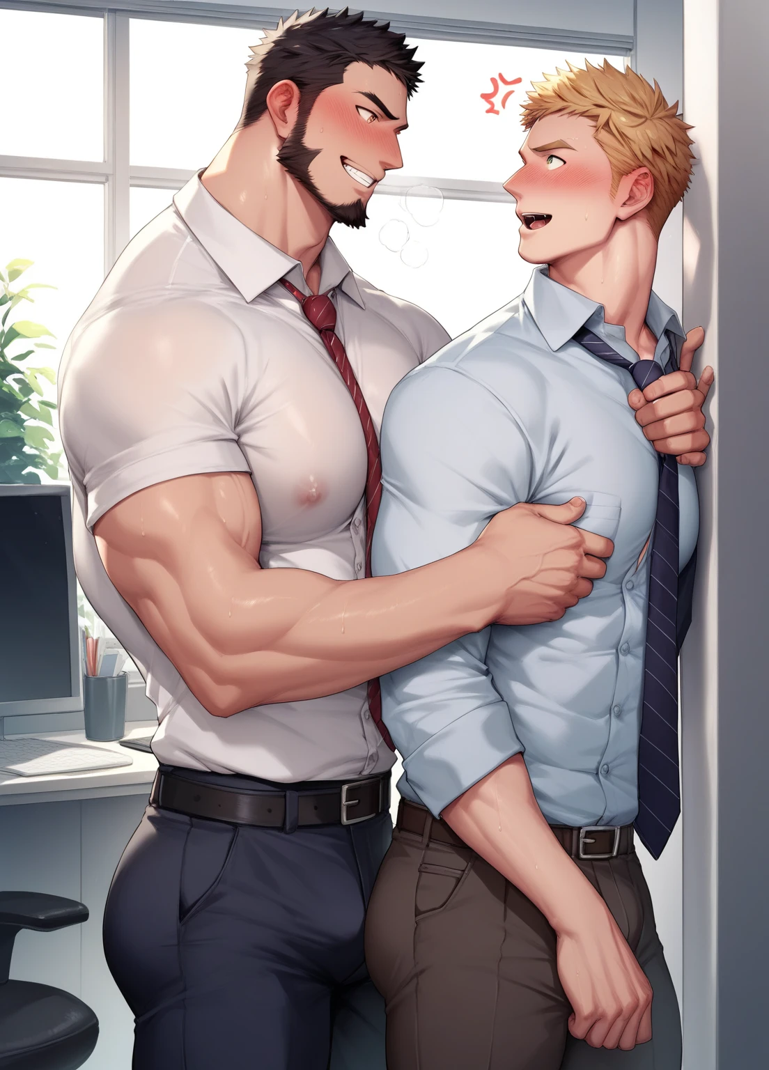 A handsome muscular shirtless blonde naked man , is cuddling and kissing ,a handsome muscular brown haired bearded man wearing a black suit with a white shirt and red necktie, bedroom background