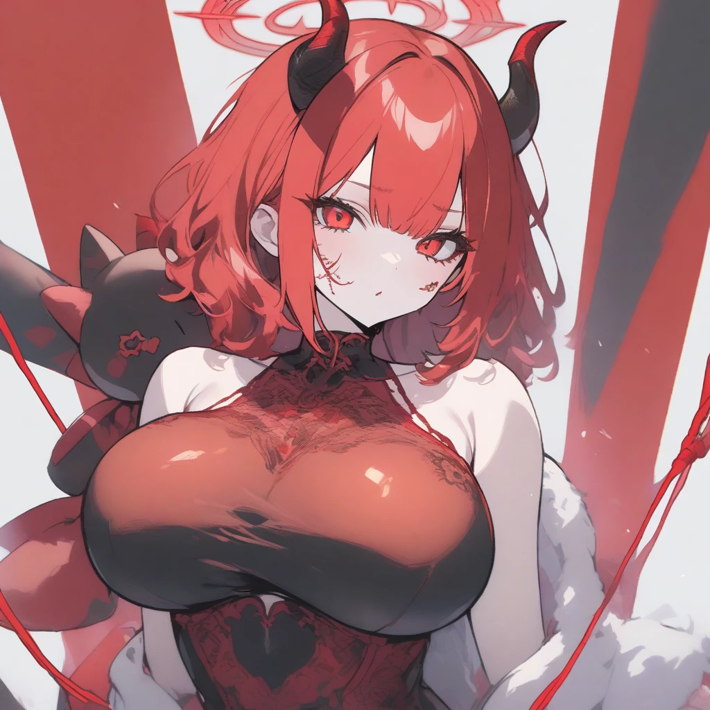 ((ultra realisitic)), ((picture-perfect)), ((face perfect)), ((ultra detaild)), ((fully body)), ((perfectbody)),a girl with blue and red hair with horns around her head, provocative smile, seductive girl, expressing joy.