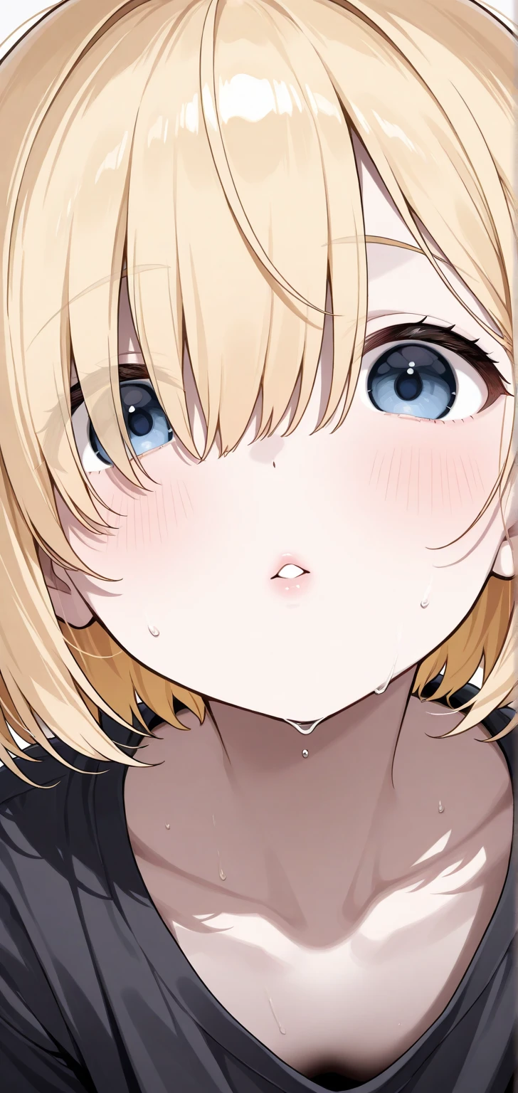 (((One girl))), Shibuya, blond hair, bob cut, from front, from above, Emphasize the cleavage, Seductive pose, looking at viewer, ((upper body)), face on focus, ((blush)), open mouth, tongue out, wide-eyed, blue eyes, heart-shaped pupils, saliva, ((sweat)), ((steam)), ((nervous)), black bathrobe:1.3, anime style, (best quality, 4k, 8k, highres, masterpiece:1.2, ultra-detailed, ultra-detailed eyes, HDR, UHD, studio lighting, ultra-fine painting, sharp focus, physically-based rendering, extreme detail description, professional, vivid colors, bokeh)