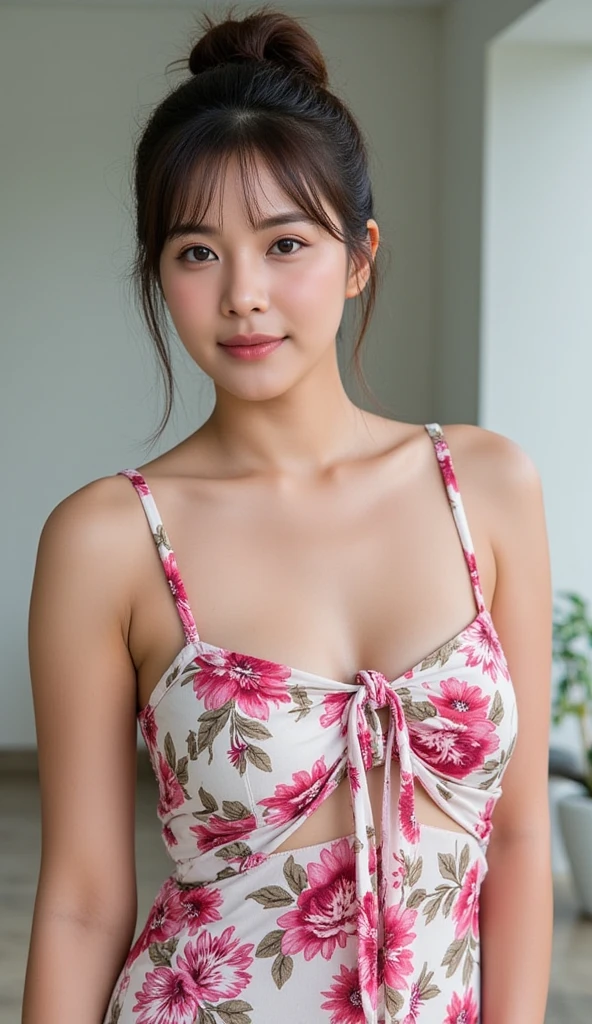 Tabletop, Highest quality, shape, Very detailed, In detail, High resolution, 8k wallpaper, Perfect dynamic composition、Cute 27 year old girl、Beautiful face in every detail、Small and cute eyes、Textured skin、Slightly parted lips、short wavy brown hair、Small breasts、Red Tank Top、sexy shot looking at camera、garden、