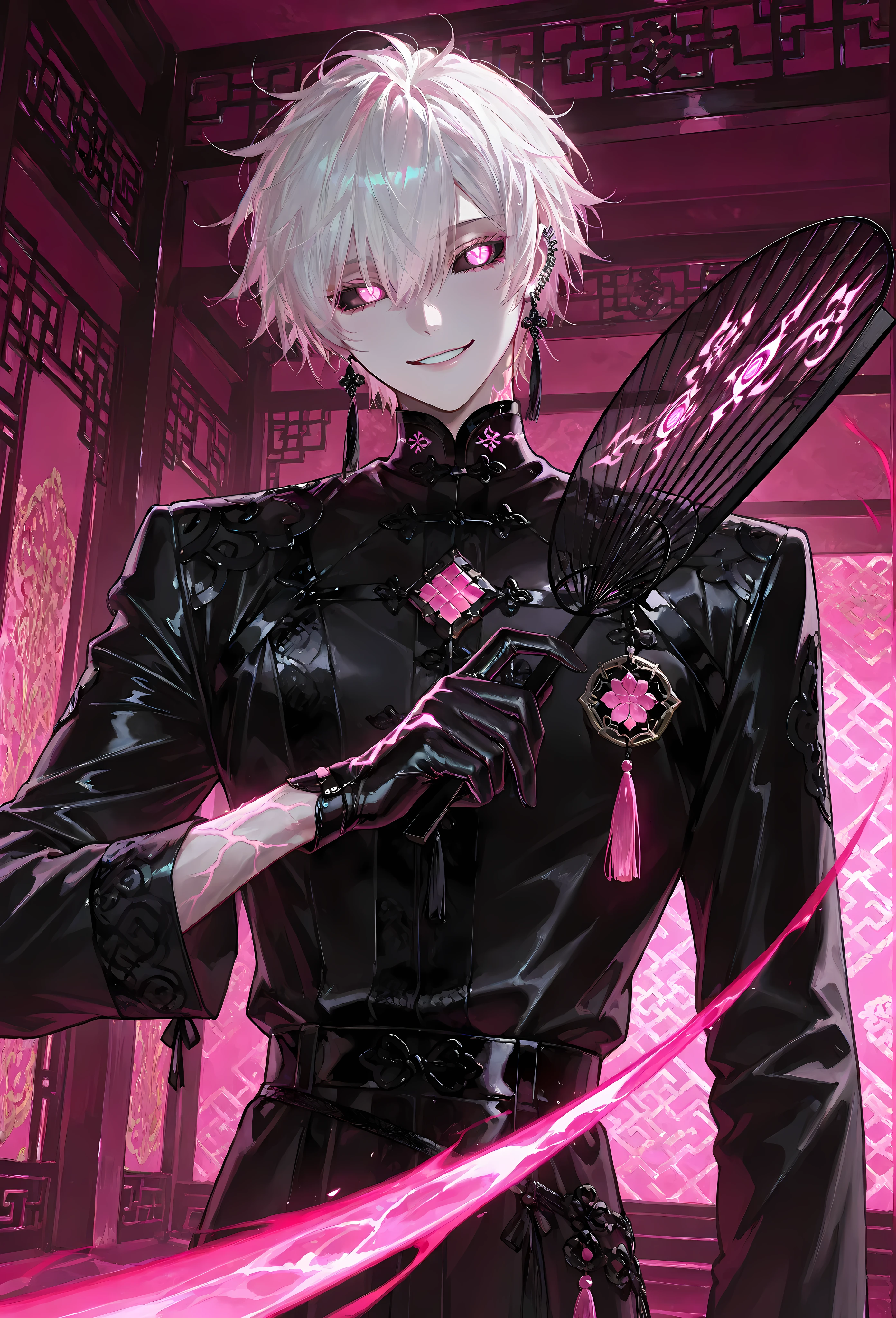 8k, beautiful masterpiece, looking out at the front, alone, super pale skin, Perfect Eyes shape, Athletic Build, ((He wears: Black Elaborate Daopao (道袍), Pink Jade Amulet, Black Leather Gloves)), (((background is Chinese opulent room, smiles mischievously while holding a fan and casting a spell))), 1 man, mature man, male-centered, handsome man, handsome, short hair, messy hair, white hair, silver ear piercings, pink glowing veins, Thick painted, (((pink eyes (vertical slid pupils); black sclera))), Perfect Eyes, masterpiece, top quality, amazing quality, exquisite details, very detailed, semi-realism art, semi-realism art style