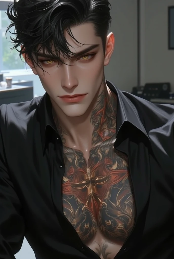 (absurd, high resolution, Extremely detailed, HDR), masterpiece, best quality, 1 boy, Boy character ,short hair, Handsome face, Gray eyes,Detailed interior, Meticulous characters, Brown hair, Face tattoo, Detailed background