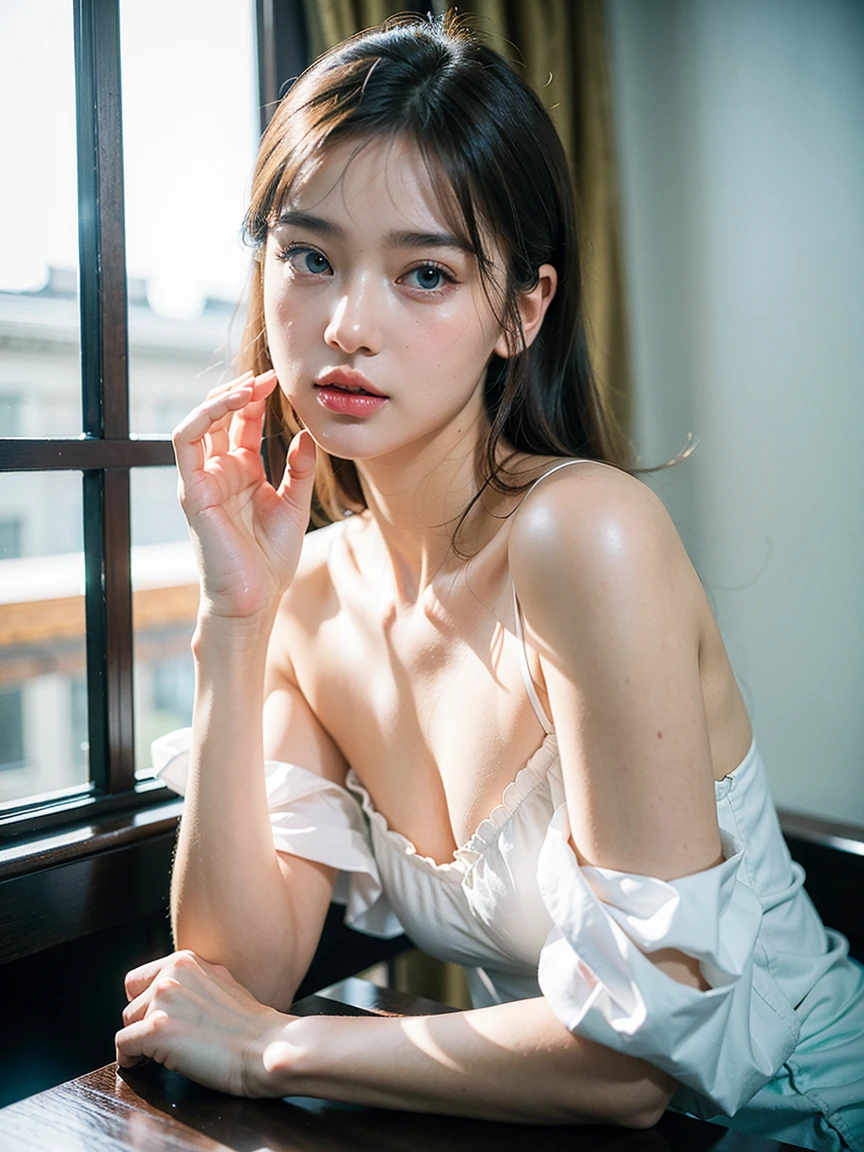 (Big round breasts: 1.6), (half body), very delicate and beautiful, masterpiece, highest quality, ultra-high resolution, 16k, realistic, ultra-detailed, narrow eyes, 1 girl, all white, forehead, black hair, solo, (( Very voluptuous glamor )), narrow slit eyes, dark eyes, sparkling eyes, black hair, gloves, dress, luxurious jewelry, earrings, piercing eyes, elbow grooves, hair tied back with hands raised, transparent demi-cup off in random colors Shoulder bra, transparent short dress in random colors, long eye makeup, narrow eyes, smile, lipstick, complex petal pattern, rim light, backlight, pastel colors, studio lighting.