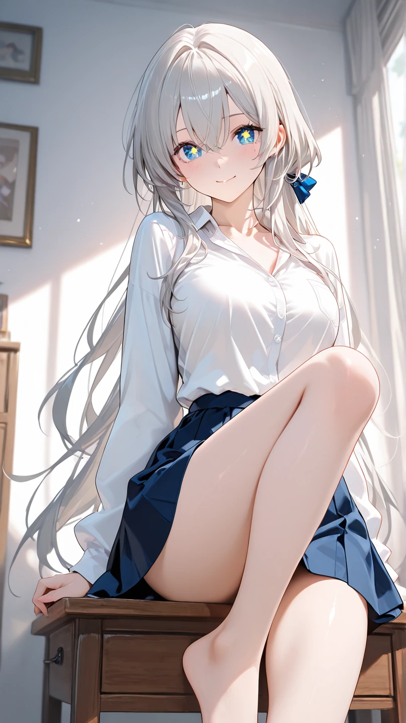 Top quality, masterpiece, High resolution, (whole body), front, Symmetric, Mature , alone, (whole body from head to toe), Small breasts, Long Hair, slightly Messy Hair, (Fishnet tights), (composition where she is made to sit and lift her foot and make her foot open), (Fold your arms in front of your chest), composition Showing white panties, slender beautiful foot, Very beautiful 17 year old girl (No shoes) foot), Blushing, Shy big eyes, Messy Hair, looking at the camera, Showing white panties, White frilly lingerie, High Blazer, High school uniform white blouse, High with blue ribbon, High length with short check pattern and navy pleated skirt