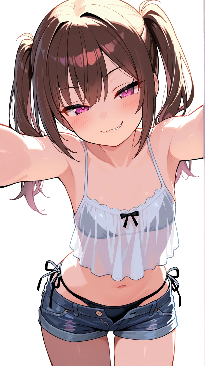 ,12yo,(petite), 1girl, looking at viewer, , hazuki katou,,,, ,my room,,blush,(spoken heart),,small breasts,(evil smile,grin),(((magical girl costume))),miniskirt,thighhighs,,long sleeves,,nsfw,(panties),navel