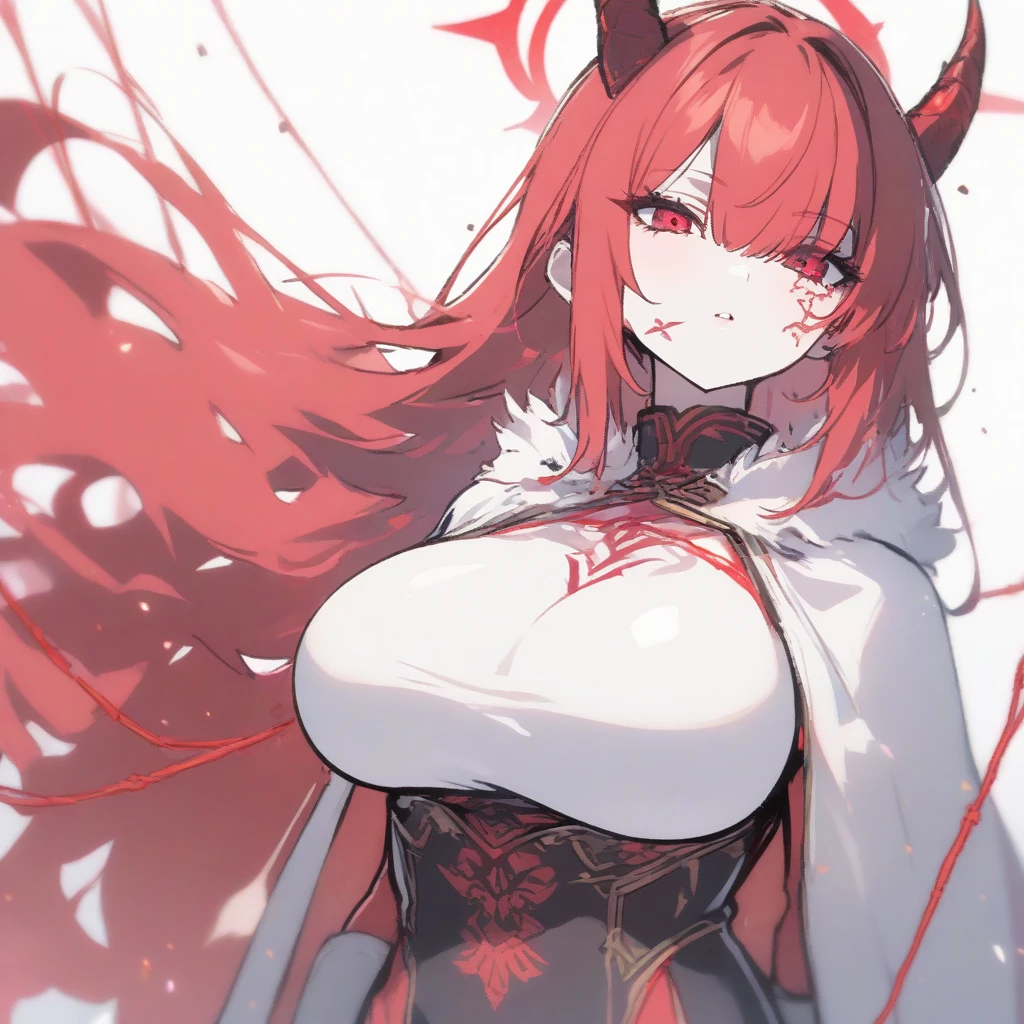 A female milf demon with black Devil&#39;s Horn, ((Devil&#39;s Horn)), Extremely long rose bouquet, ((pink hair)), devil white eyes, ((white eyes)), Wedding dress, Black background with chains，The floor is made of red liquid, And the evil eyes, Write in real time, sysie HD details, photography, insight, Unique850 4, koda850k portrait camera, Spring F1.6, colorful, Ultra-realistic texture, Spectacular light texture, surreal art, Cinestil 800 Fashion Mechanism