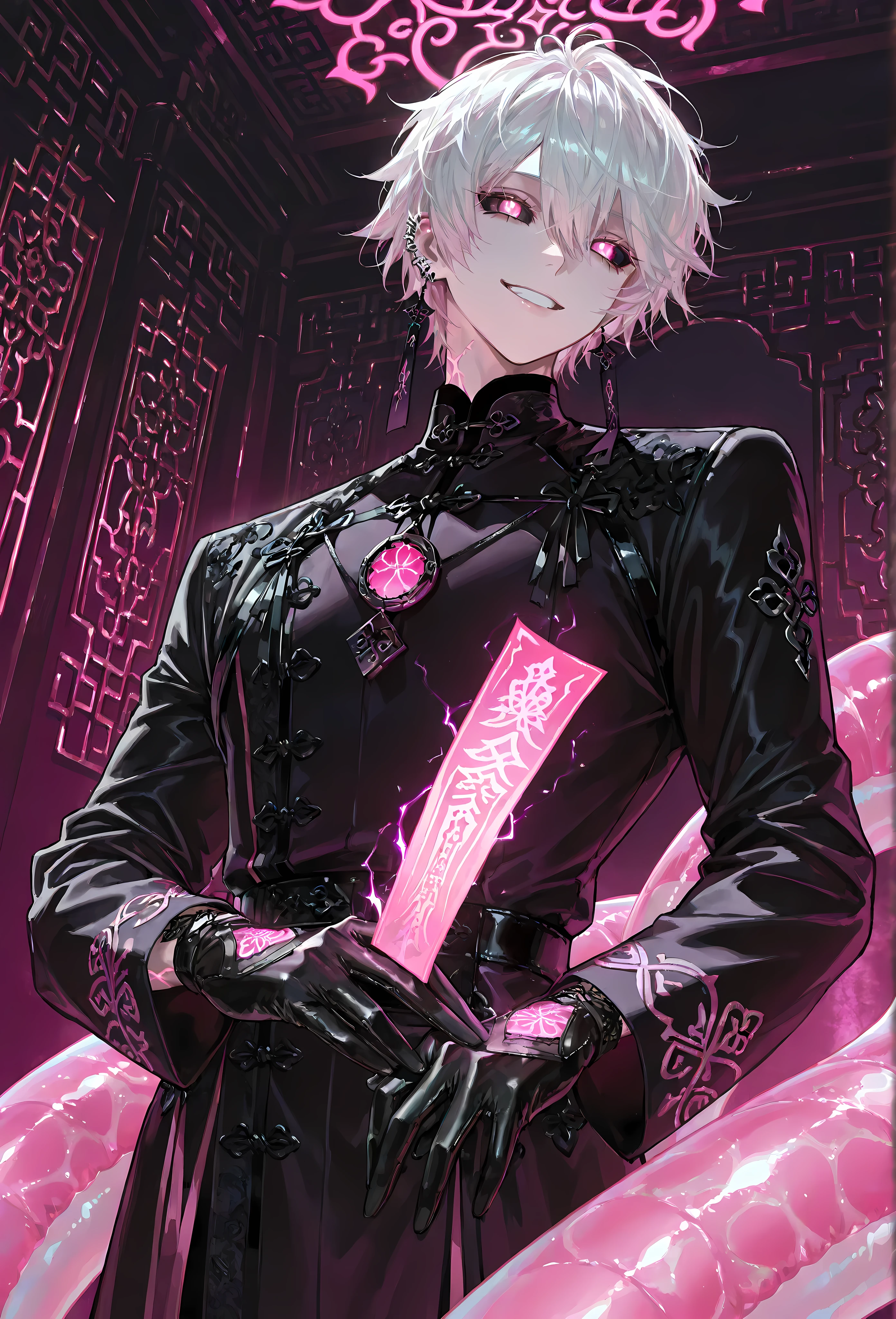 8k, beautiful masterpiece, looking out at the front, alone, super pale skin, Perfect Eyes shape, Athletic Build, ((He wears: Black Elaborate Daopao (道袍), Pink Jade Amulet, Black Leather Gloves)), (((background is Chinese opulent room, smiles mischievously while holding a Daoist talisman and casting a spell))), 1 man, mature man, male-centered, handsome man, handsome, short hair, messy hair, white hair, silver ear piercings, pink glowing veins, Thick painted, (((pink eyes (vertical slid pupils); black sclera))), Perfect Eyes, masterpiece, top quality, amazing quality, exquisite details, very detailed, semi-realism art, semi-realism art style