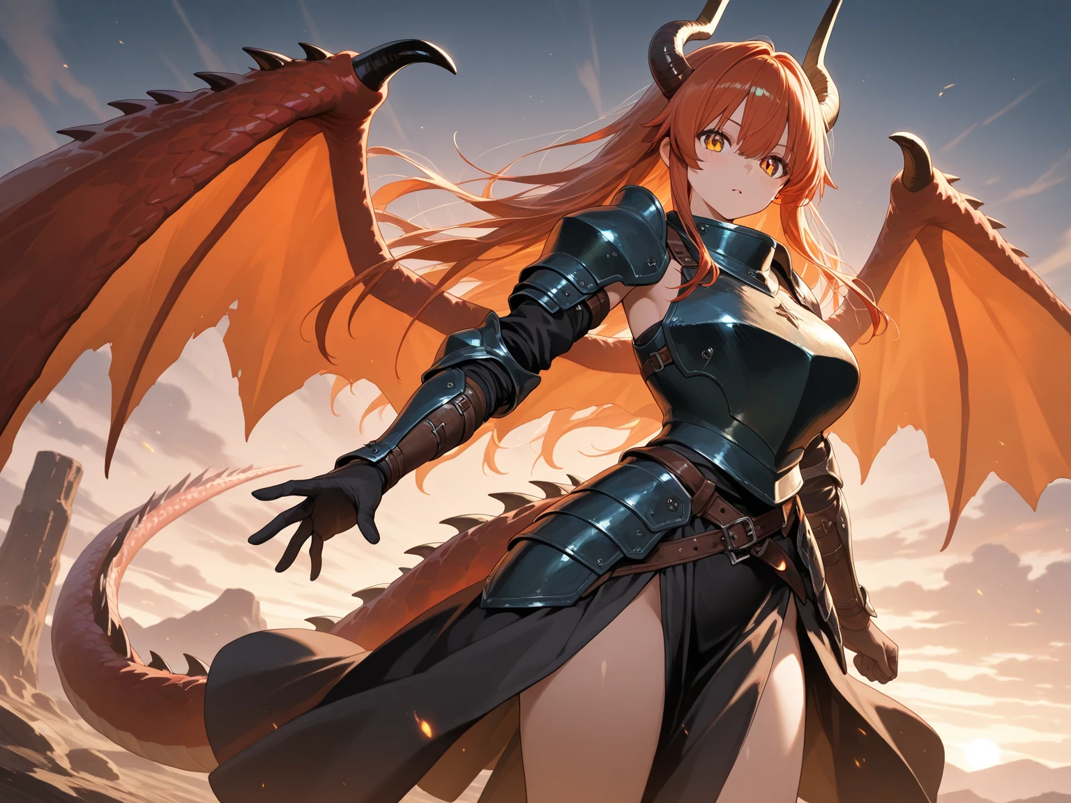 Young woman between 20 years old, long red hair orange eyes, sharp teeth, simple clothing, dragon ear, dragon horn, big chest, dragon eyes, dragon skin